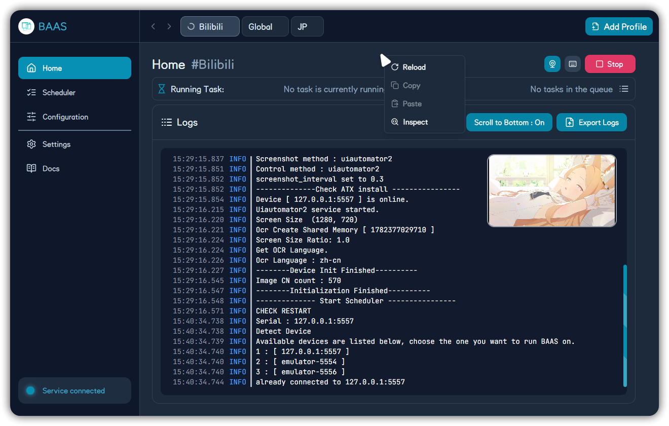 Home page context menu with reload, copy, paste, and inspect