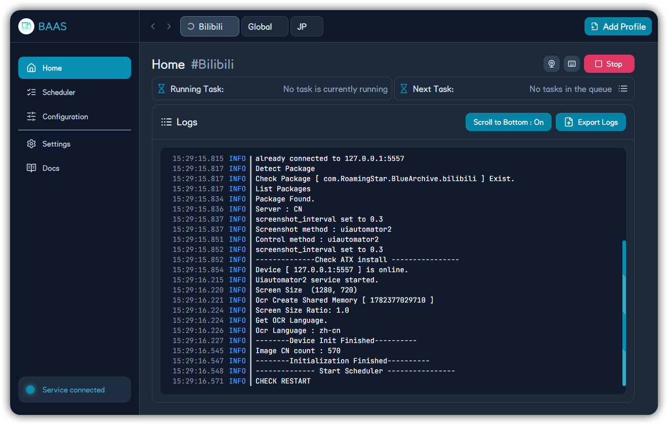 BAAS Tauri home page with navigation, profile controls, task status, logs, and remote emulator controls
