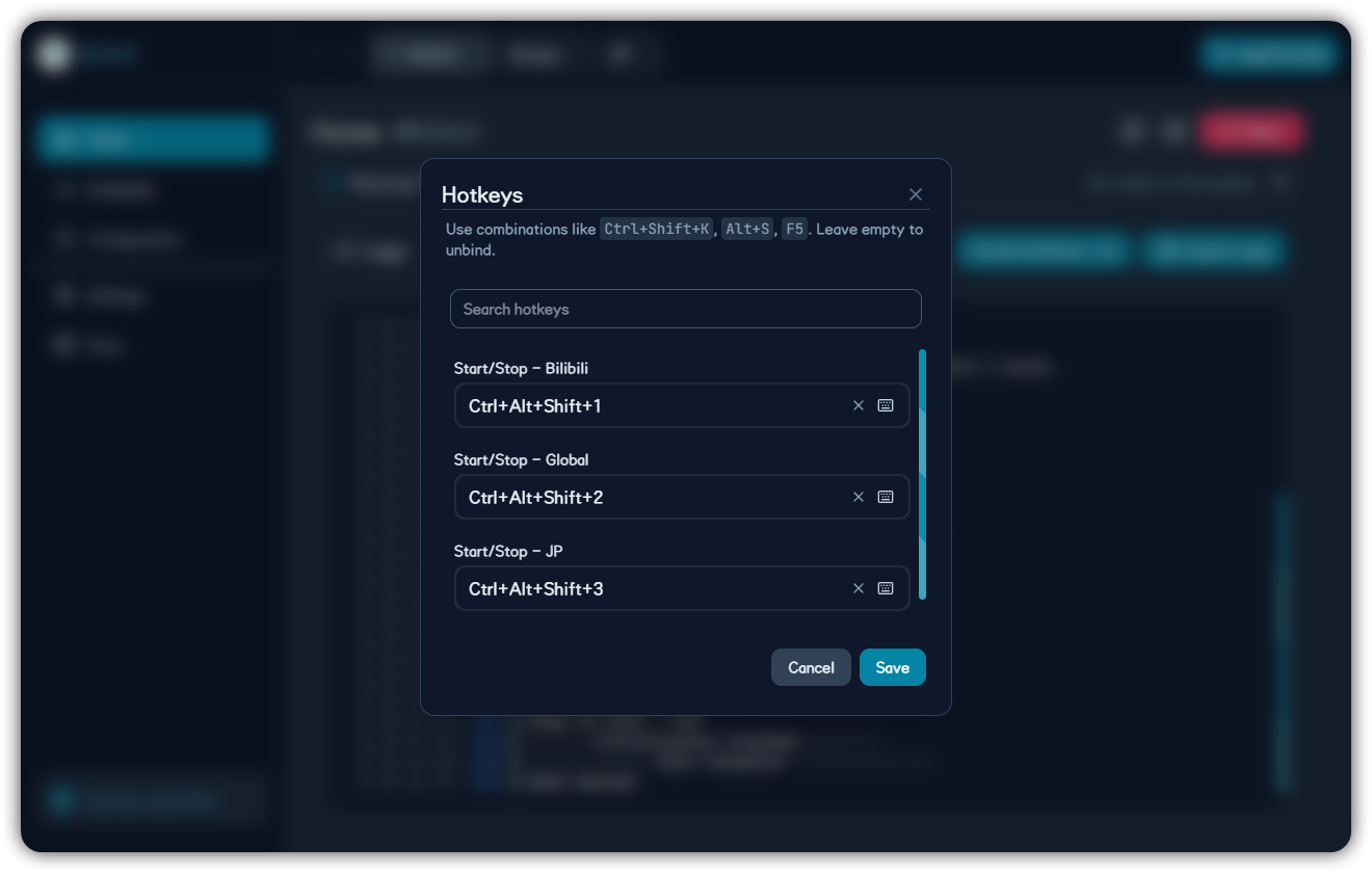 Hotkey settings dialog with start stop shortcut, search, cancel, and save